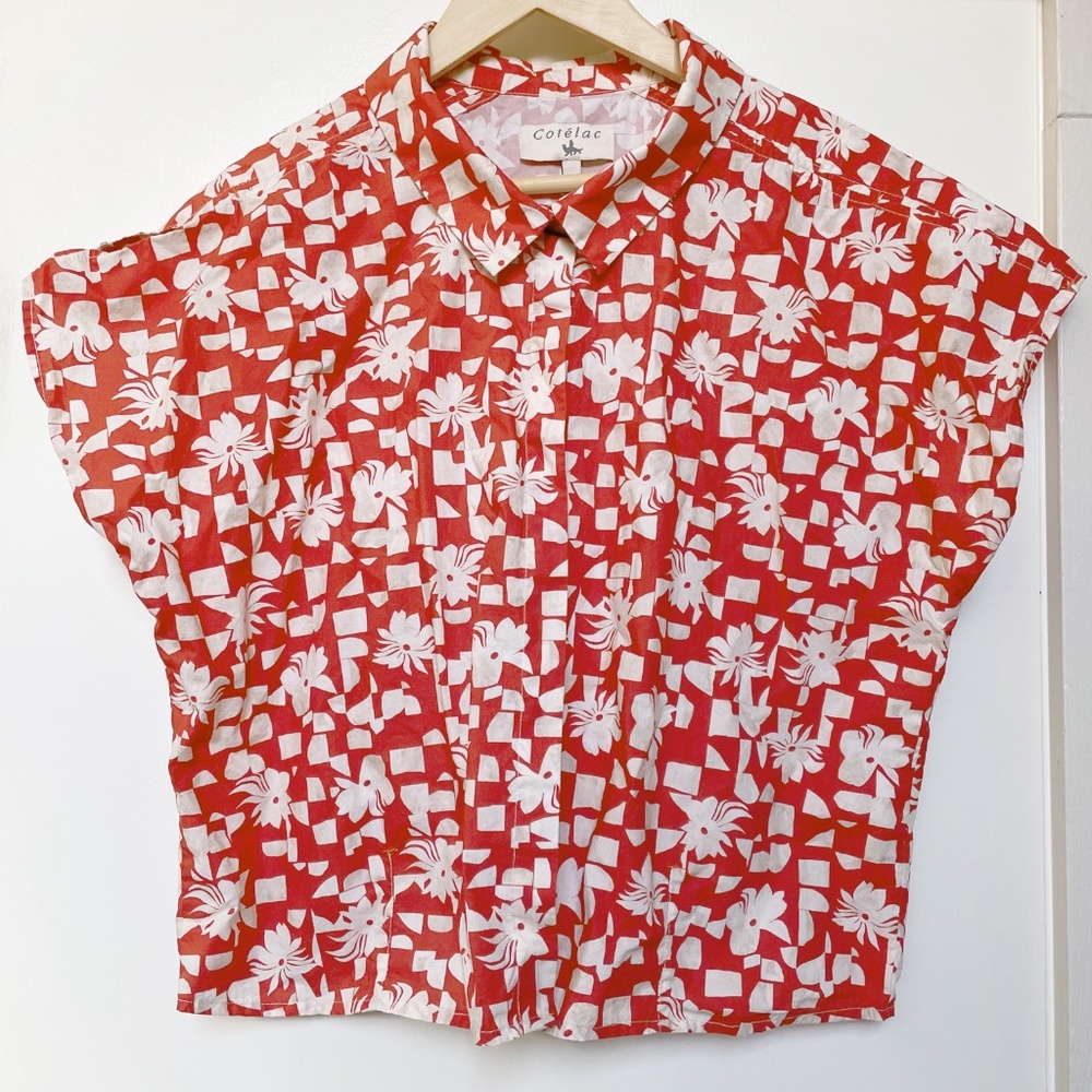 Cotélac Women's Collar Short Sleeves Button Down Shirt Red Size 3 (10US)